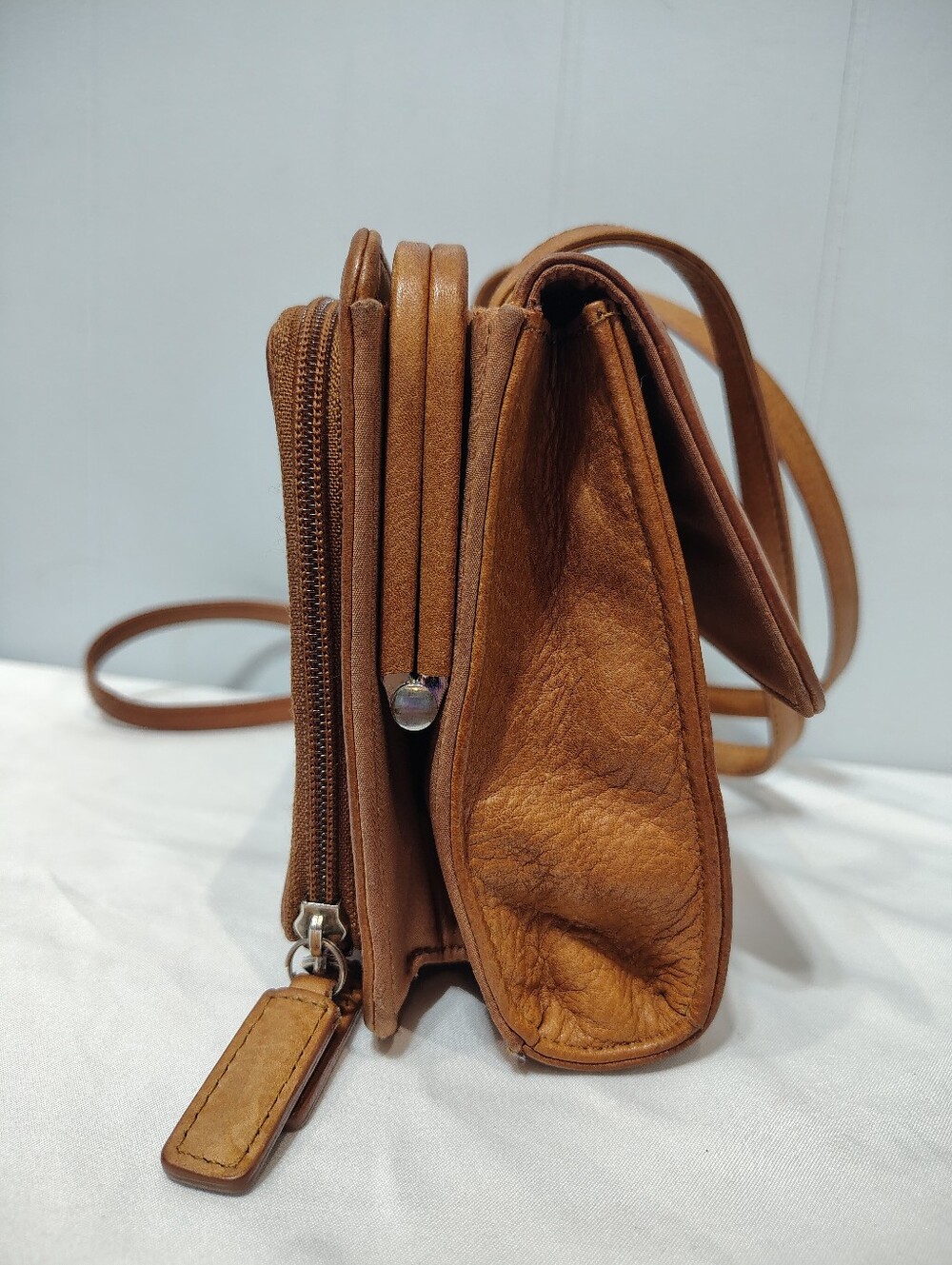 Fossil Tan Leather Crossbody Organizer Wallet Kisslock All In One Vintage - Picture 3 of 7